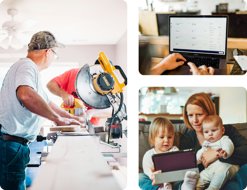Collection of images including a man on a saw, someone working on a computer, and a woman on a couch with her kids.