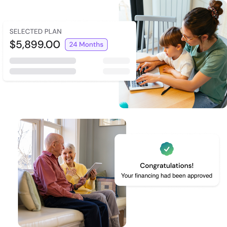 Illustration of people and the Thrive loan application experience, including example loan terms.